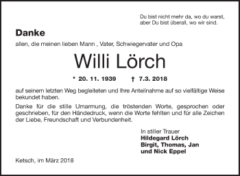 Traueranzeige von Willi Lörch von Schwetzinger Zeitung