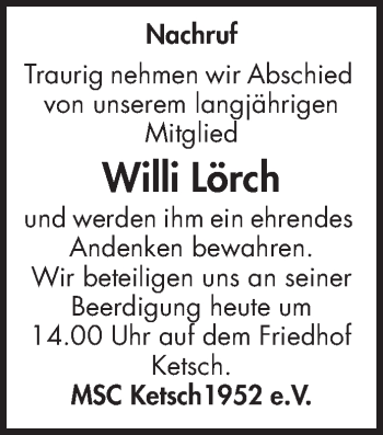 Traueranzeige von Willi Lörch von Schwetzinger Zeitung