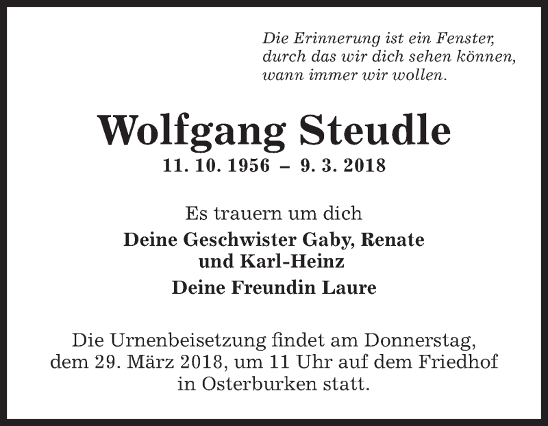  Traueranzeige für Wolfgang Steudle vom 24.03.2018 aus Fränkische Nachrichten