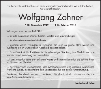 Traueranzeige von Wolfgang Zohner von Bergsträßer Anzeiger