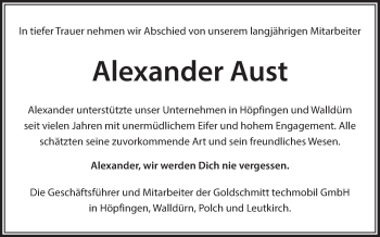 Traueranzeige von Alexander Aust von Fränkische Nachrichten