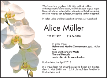 Traueranzeige von Alice Müller von Schwetzinger Zeitung