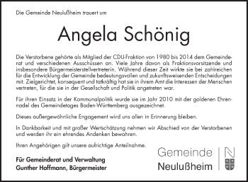 Traueranzeige von Angela Schönig von Schwetzinger Zeitung