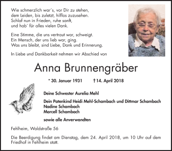 Traueranzeige von Anna Brunnengräber von Bergsträßer Anzeiger