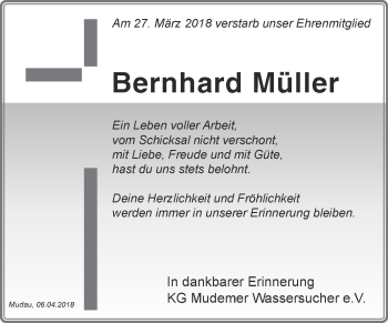 Traueranzeige von Bernhard Müller von Fränkische Nachrichten