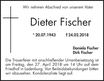 Traueranzeige von Dieter Fischer von Mannheimer Morgen