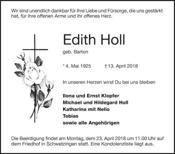 Traueranzeige von Edith Holl von Schwetzinger Zeitung