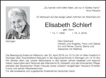 Traueranzeige von Elisabeth Schlerf von Fränkische Nachrichten