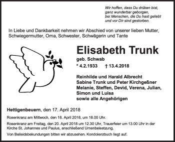 Traueranzeige von Elisabeth Trunk von Fränkische Nachrichten