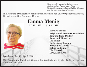 Traueranzeige von Emma Menig von Fränkische Nachrichten