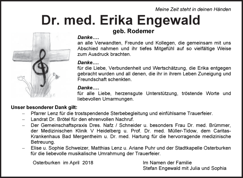  Traueranzeige für Erika Engewald vom 21.04.2018 aus Fränkische Nachrichten