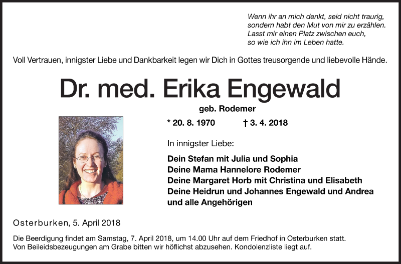  Traueranzeige für Erika Engewald vom 05.04.2018 aus Fränkische Nachrichten
