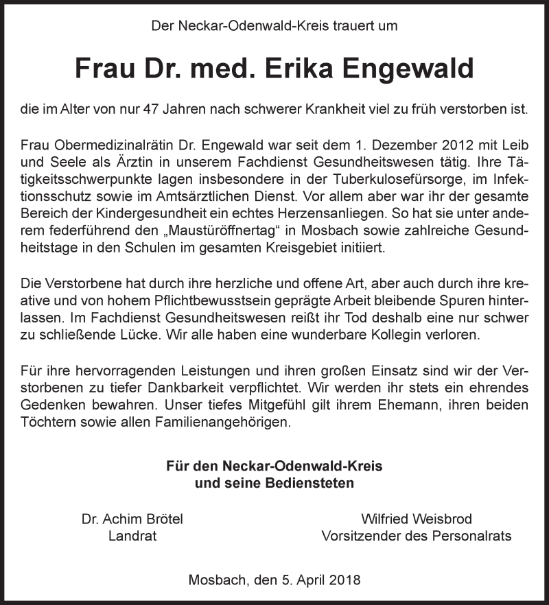  Traueranzeige für Erika Engewald vom 06.04.2018 aus Fränkische Nachrichten