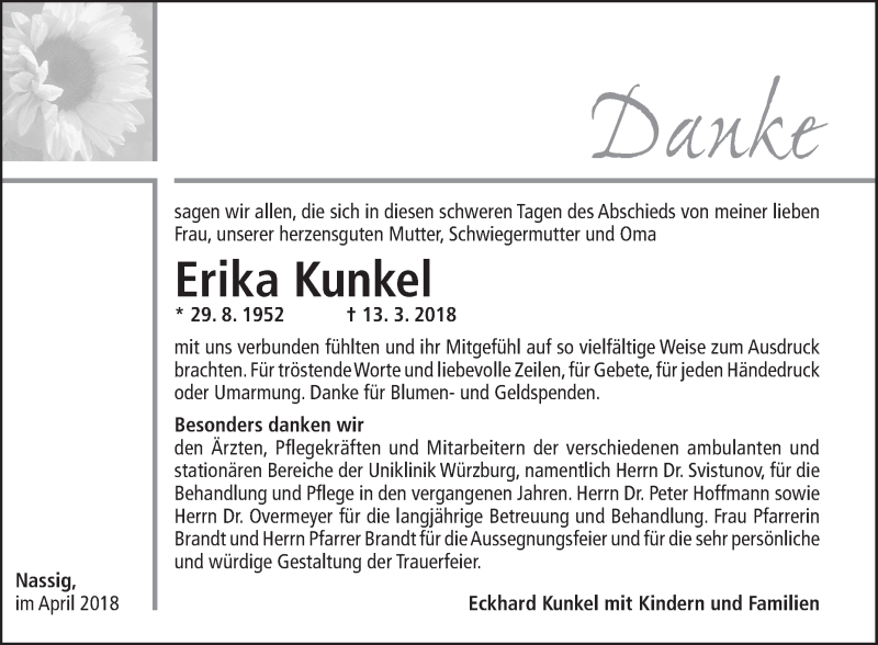  Traueranzeige für Erika Kunkel vom 21.04.2018 aus Fränkische Nachrichten