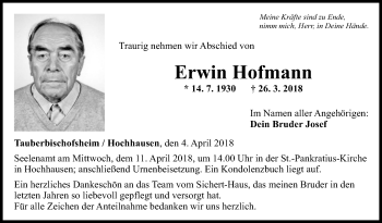 Traueranzeige von Erwin Hofmann von Fränkische Nachrichten