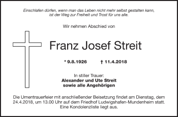 Traueranzeige von Franz Josef Streit von Mannheimer Morgen