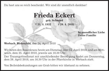 Traueranzeige von Frieda Eckert von Fränkische Nachrichten