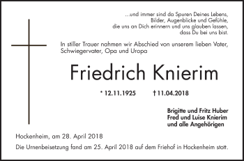 Traueranzeige von Friedrich Knierim von Schwetzinger Zeitung