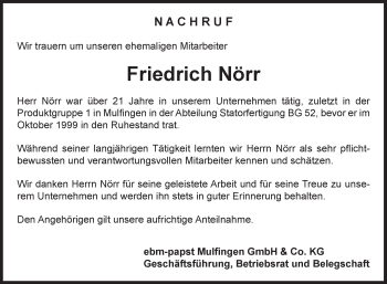 Traueranzeige von Friedrich Nörr von Fränkische Nachrichten