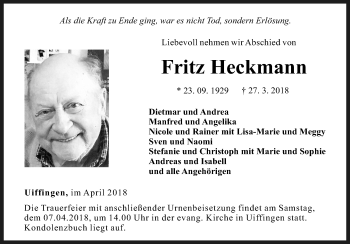 Traueranzeige von Fritz Heckmann von Fränkische Nachrichten