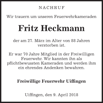 Traueranzeige von Fritz Heckmann von Fränkische Nachrichten