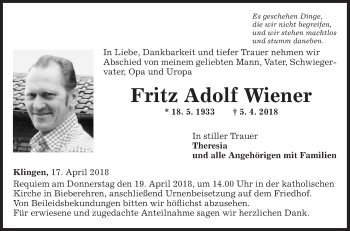 Traueranzeige von Fritz Adolf Wiener von Fränkische Nachrichten