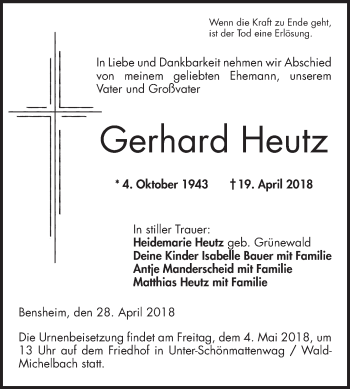 Traueranzeige von Gerhard Heutz von Bergsträßer Anzeiger