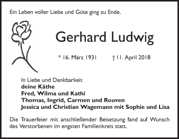 Traueranzeige von Gerhard Ludwig von Mannheimer Morgen