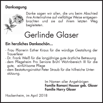 Traueranzeige von Gerline Glaser von Schwetzinger Zeitung