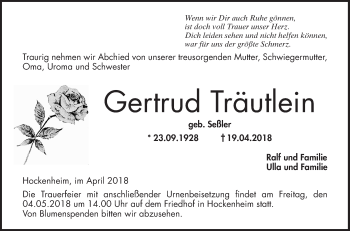 Traueranzeige von Gertrud Träutlein von Schwetzinger Zeitung