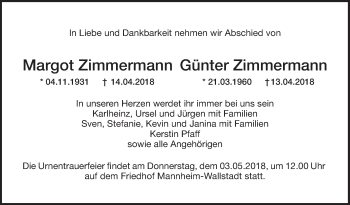 Traueranzeige von Günter Zimmermann von Mannheimer Morgen