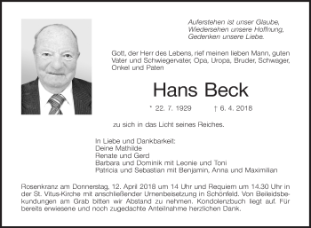 Traueranzeige von Hans Beck von Fränkische Nachrichten