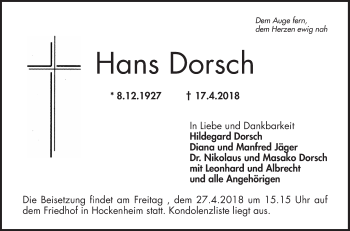 Traueranzeige von Hans Dorsch von Schwetzinger Zeitung