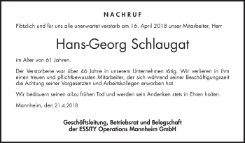 Traueranzeige von Hans-Georg Schlaugat von Mannheimer Morgen