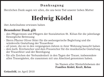 Traueranzeige von Hedwig Ködel von Fränkische Nachrichten