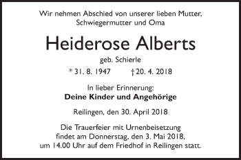 Traueranzeige von Heiderose Alberts von Schwetzinger Zeitung