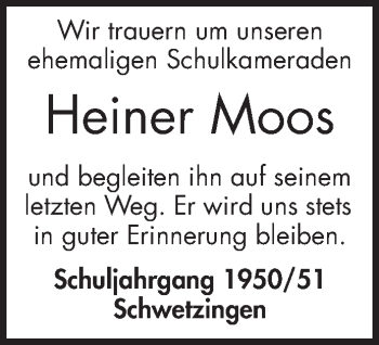 Traueranzeige von Heiner Moos von Schwetzinger Zeitung