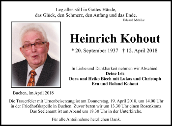 Traueranzeige von Heinrich Kohout von Fränkische Nachrichten