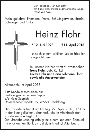 Traueranzeige von Heinz Flohr von Mannheimer Morgen