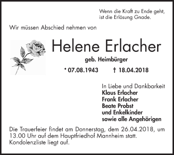 Traueranzeige von Helene Erlacher von Mannheimer Morgen