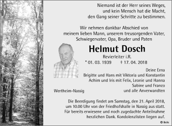 Traueranzeige von Helmut Dosch von Fränkische Nachrichten