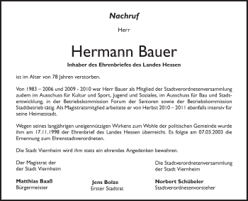 Traueranzeige von Hermann Bauer von Südhessen Morgen