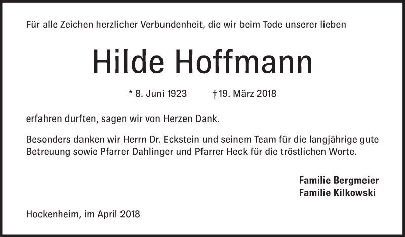  Traueranzeige für Hilde Hoffmann vom 07.04.2018 aus Schwetzinger Zeitung
