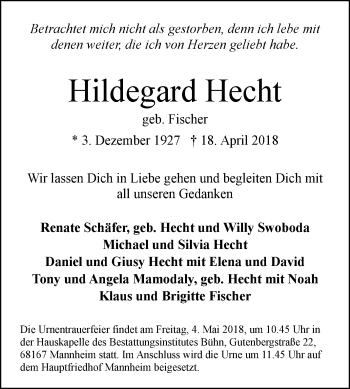 Traueranzeige von Hildegard Hecht von Mannheimer Morgen