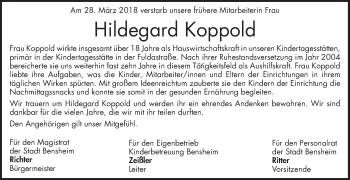 Traueranzeige von Hildegard Koppold von Bergsträßer Anzeiger