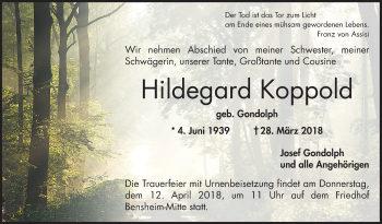Traueranzeige von Hildegard Koppold von Bergsträßer Anzeiger
