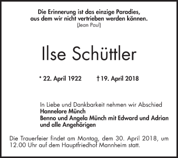 Traueranzeige von Ilse Schüttler von Mannheimer Morgen