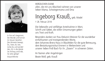 Traueranzeige von Ingeborg Krauß von Fränkische Nachrichten