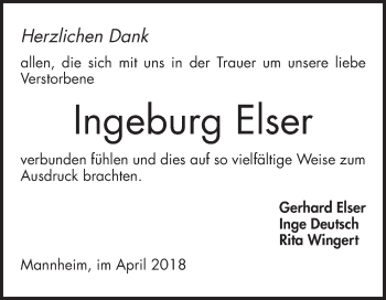 Traueranzeige von Ingeburg Elser von Mannheimer Morgen