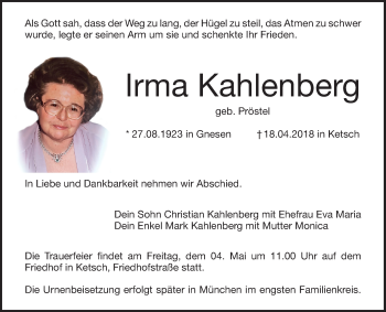 Traueranzeige von Irma Kahlenberg von Schwetzinger Zeitung